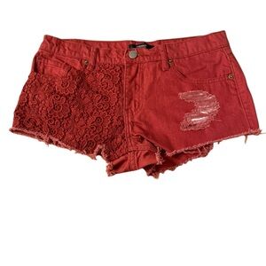 Forever 21 shorts Women Size 28 Maroon Distressed Floral Lace Denim Shorts
